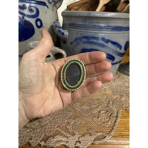 VTG Miniature Picture Frame Gold W/ Green Enamel 1.5x2” Easel Back Glass Front - Picture 3 of 4